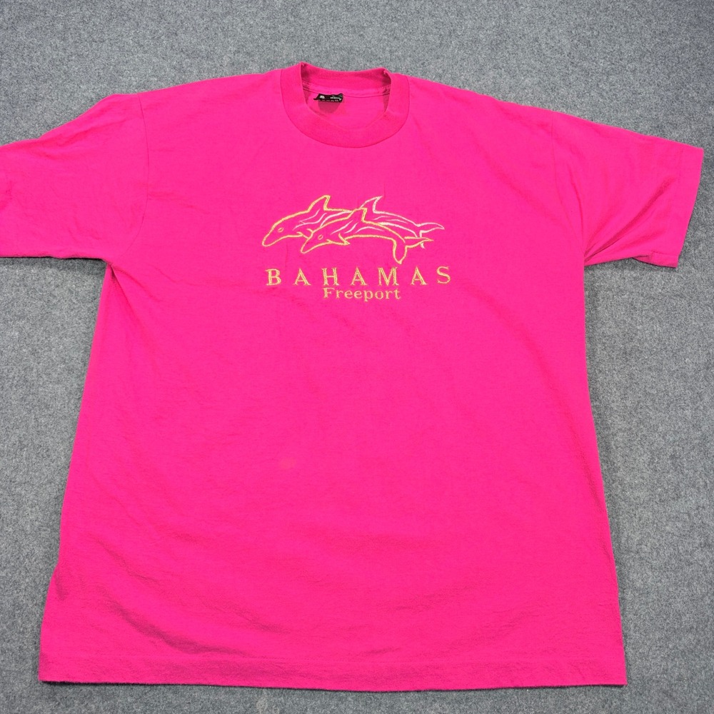 Vintage Fruit of the Loom Bahamas Freeport Dolphin T-Shirt Pink XL 90s Glitter